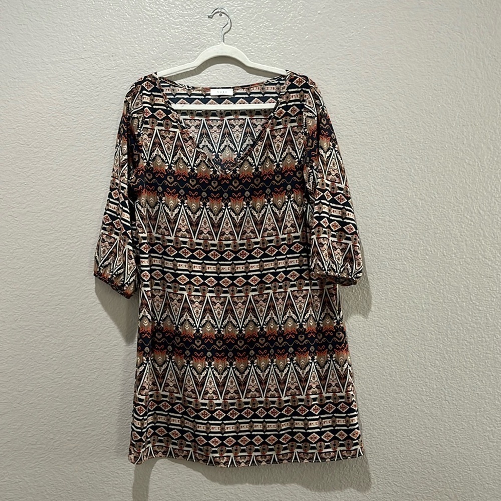 Luxe Geometric Print Dress 3/4 Sleeves Mini Multi Color Size Large TC0192